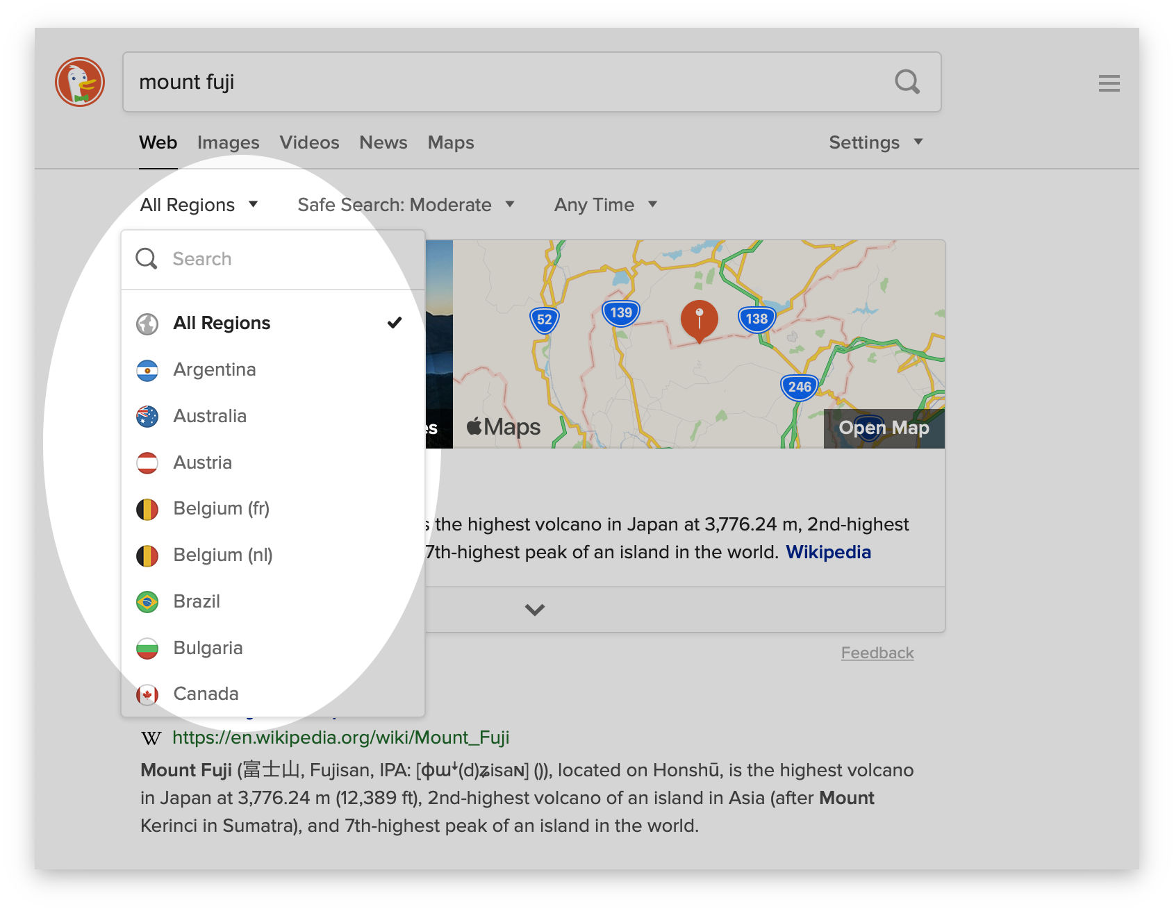 Screenshot showing the region filter in DuckDuckGo Search.