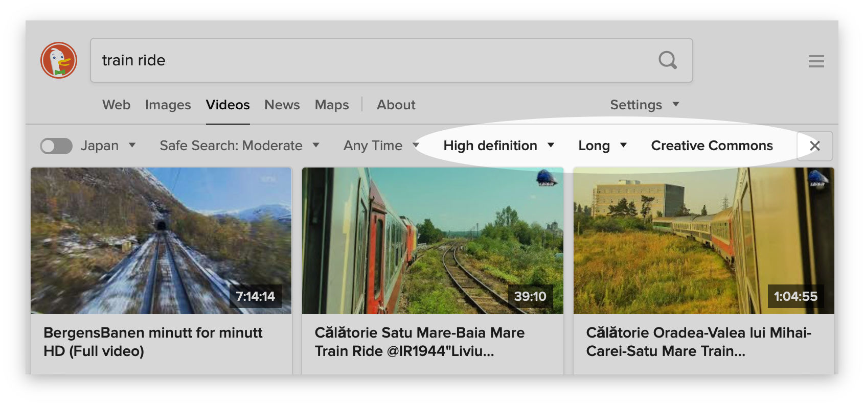 Screenshot showing the video filters in DuckDuckGo Search.