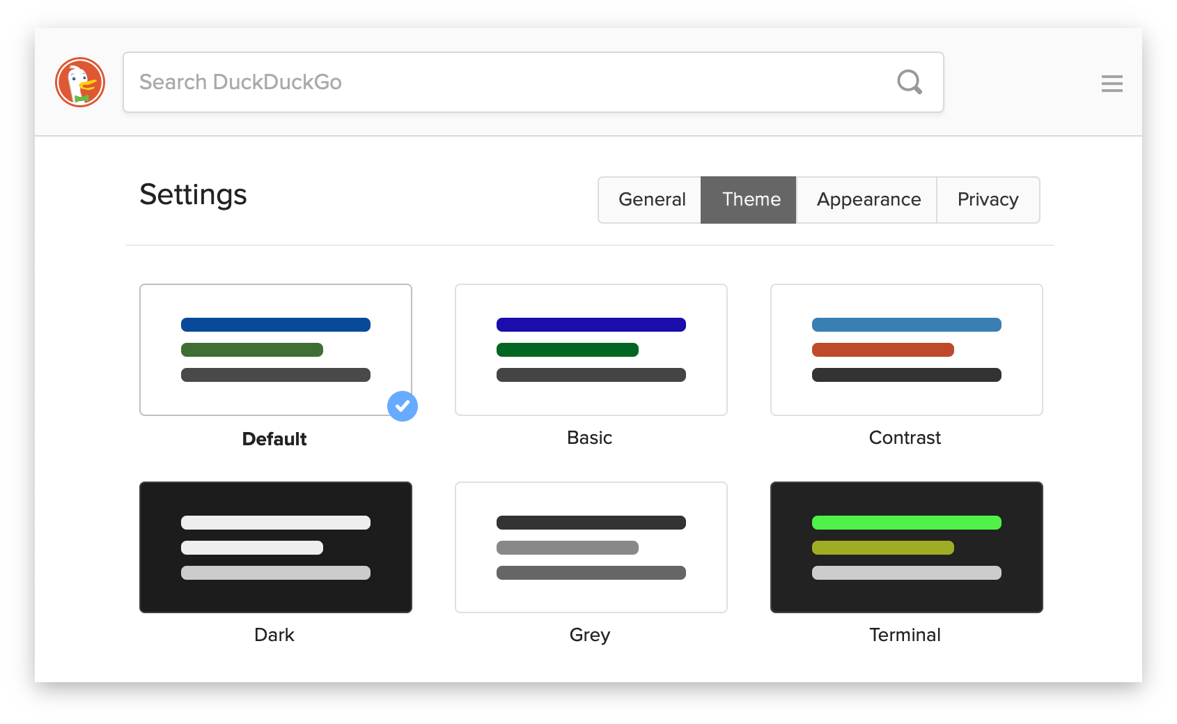 Screenshot showing the themes available in DuckDuckGo Search.