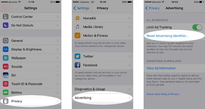 Screenshots of resetting the advertising identifier on an iPhone.